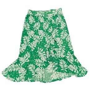 AMANA Green Tropical Monstera Leaf‎ Ruffle High-Low Midi Wrap Skirt XL Vacation